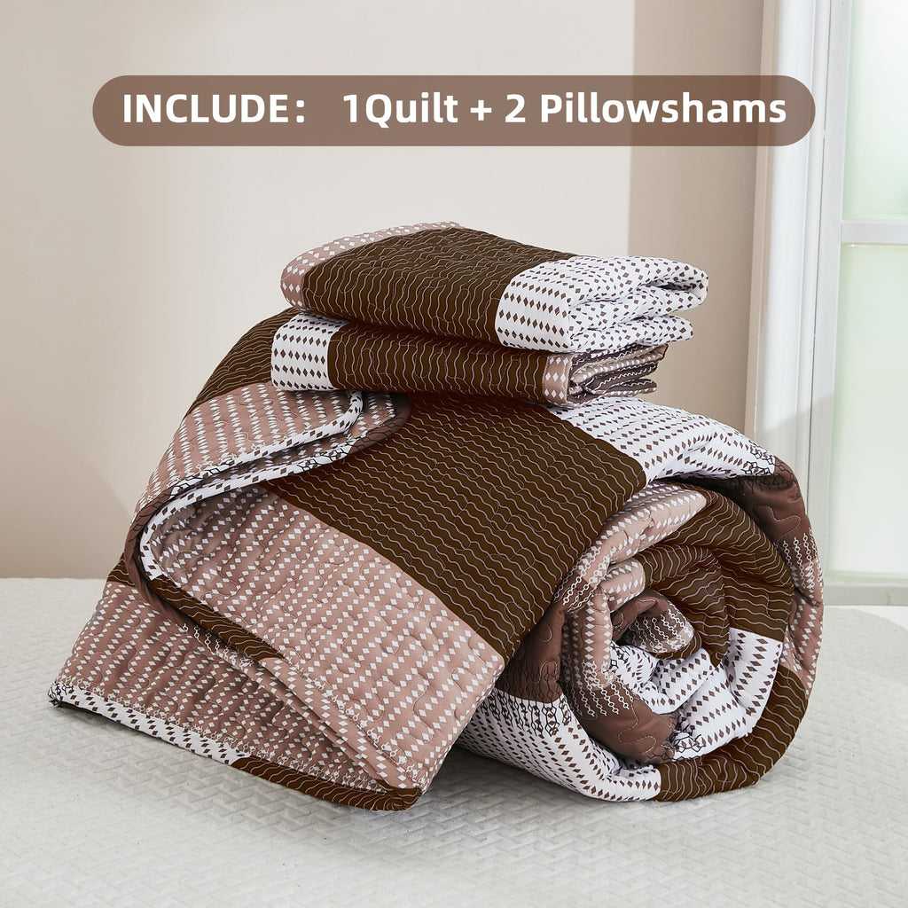 Quilt Set Brown, 3 Pcs Bedspreads & Coverlets