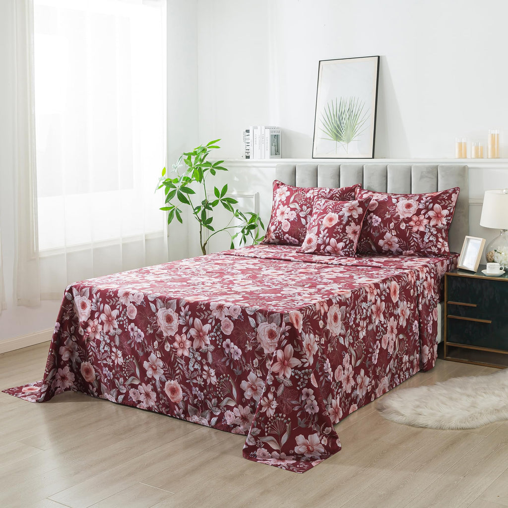 Floral Sheets Set Queen Vintage Red Floral Bedding Shabby Pink Rose Elegant Peony Sheets Farmhouse Bedding 800 Thread