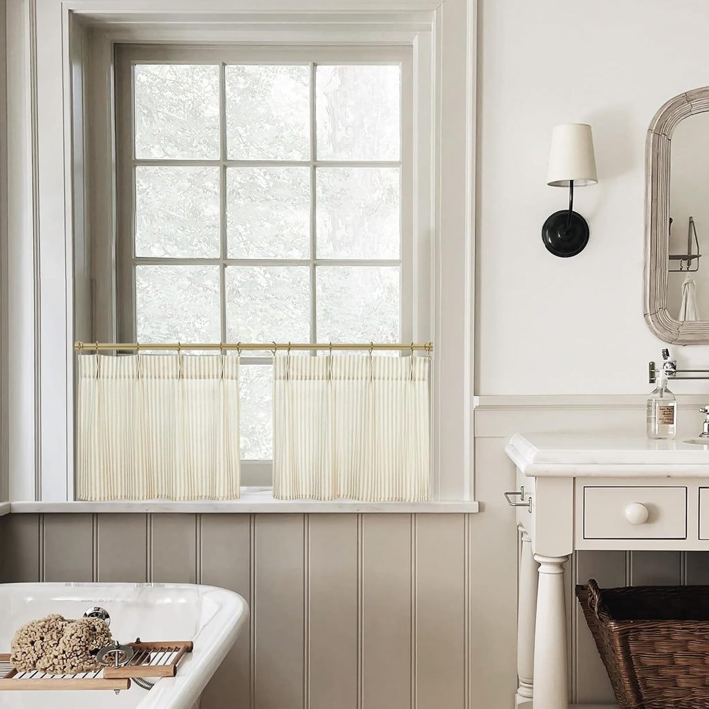 Christmas Kitchen Curtains,Farmhouse Red and Off White Striped Linen Cotton Small Cafe Cabin Curtain for Window