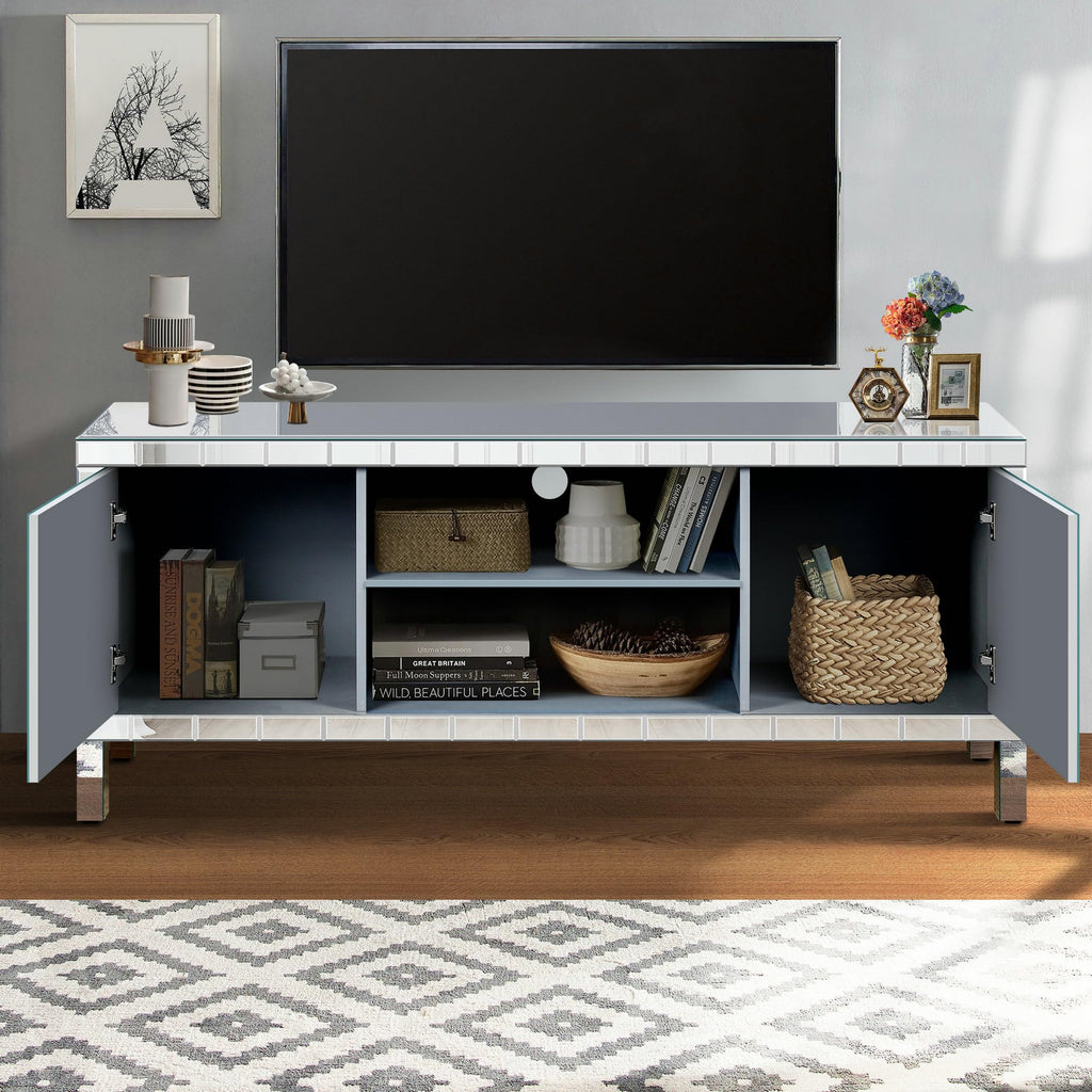 Mirrored TV Stand with Open Storage & 2 Cabinets, for 65+ Inch TV