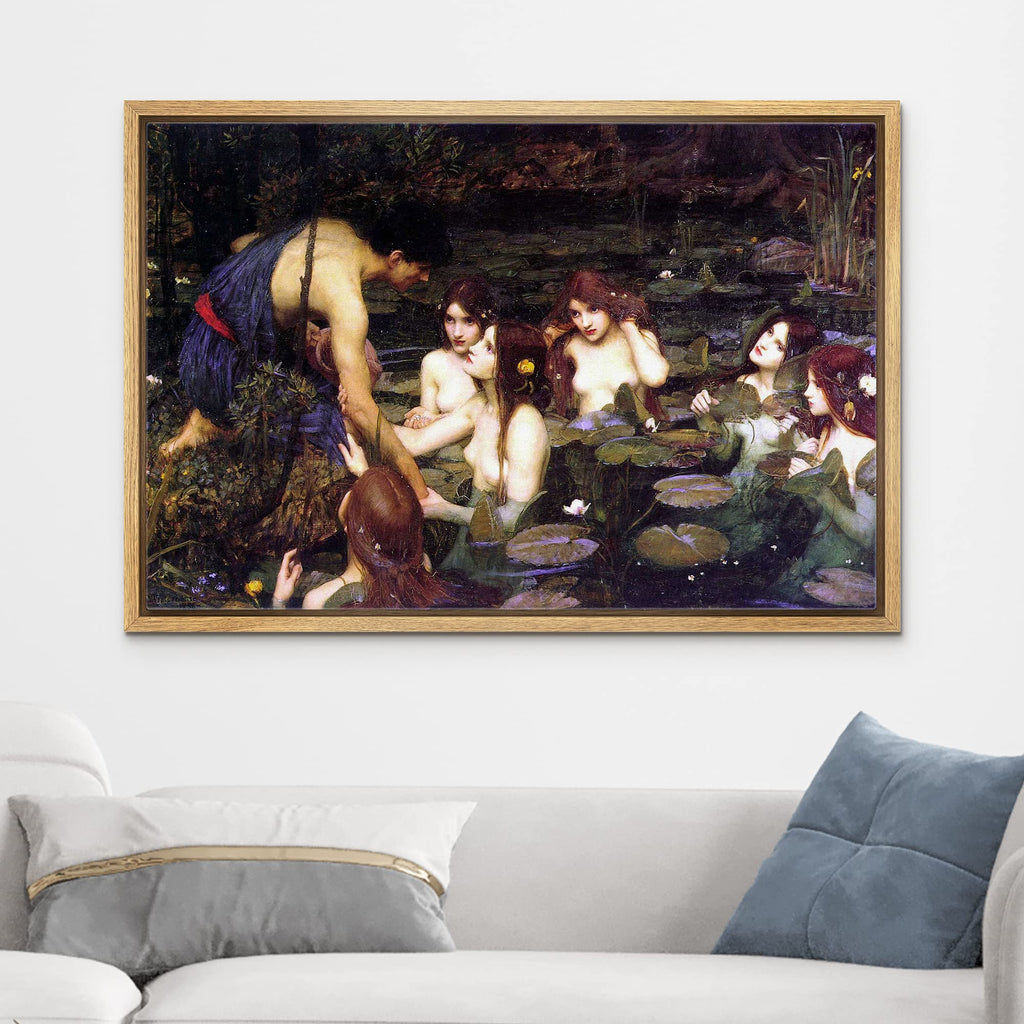 Framed Canvas Print Wall Art Hylas & The Nymphs by John William Waterhouse People Illustrations Fine Art Traditional
