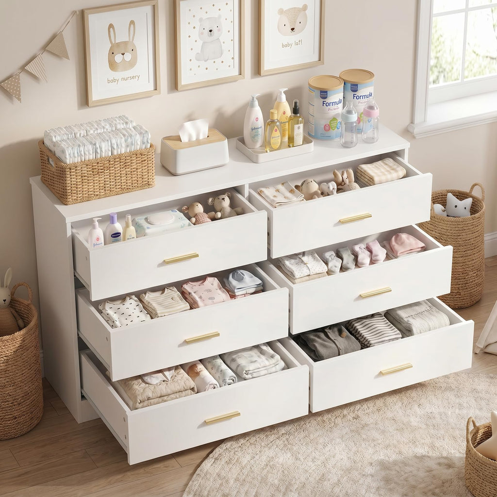 47" Modern White, 6 Drawer with Gold Handles