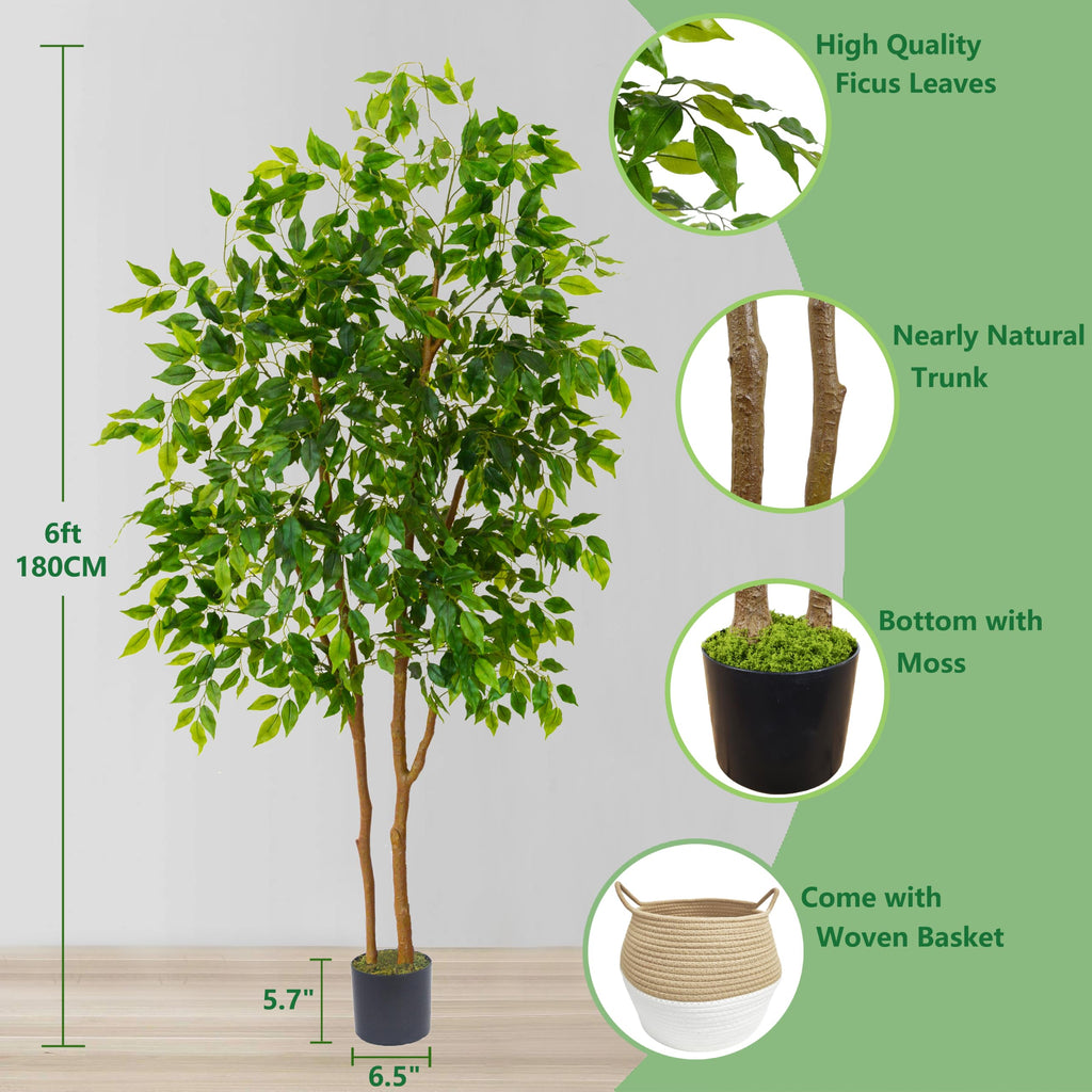 Artificial Ficus Tree 6ft Fake Floor Plant with Woven Basket