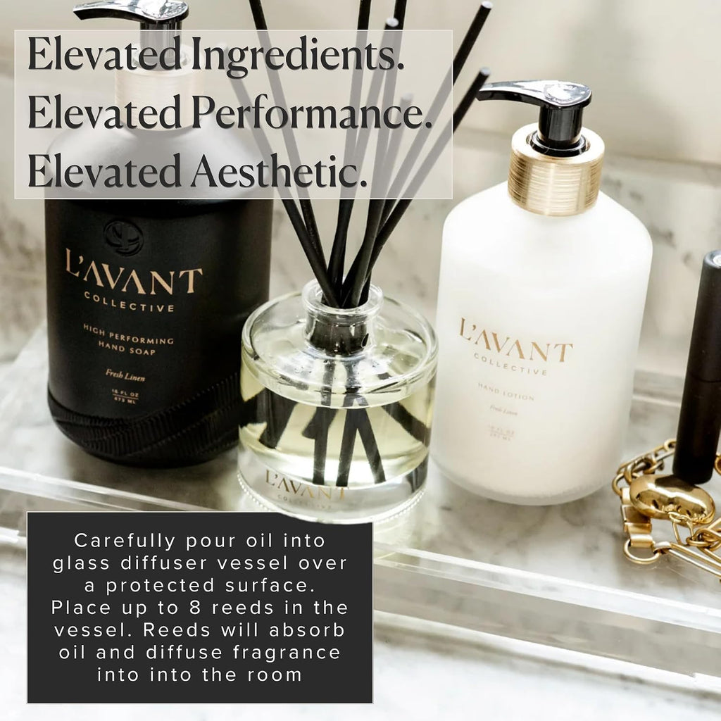 Fresh Linen Reed Diffuser with Essential Oils, 4 oz Glass Vessel | Fresh linen scent, plant-based formula, essential