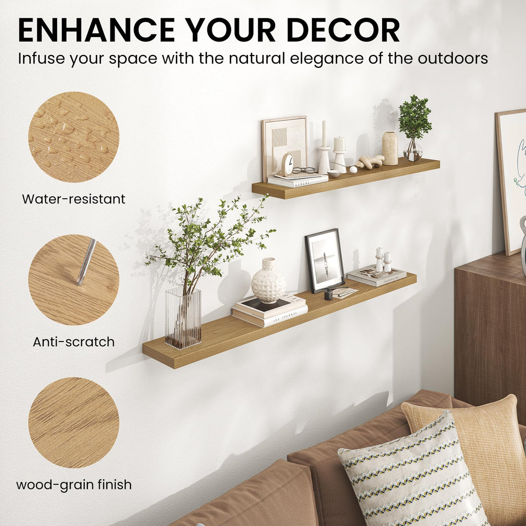 24 Inch Floating Shelves for Wall, Mounted Storage Wood Shelves with Invisible Brackets Hanging Shelf, Set of 2, Oak
