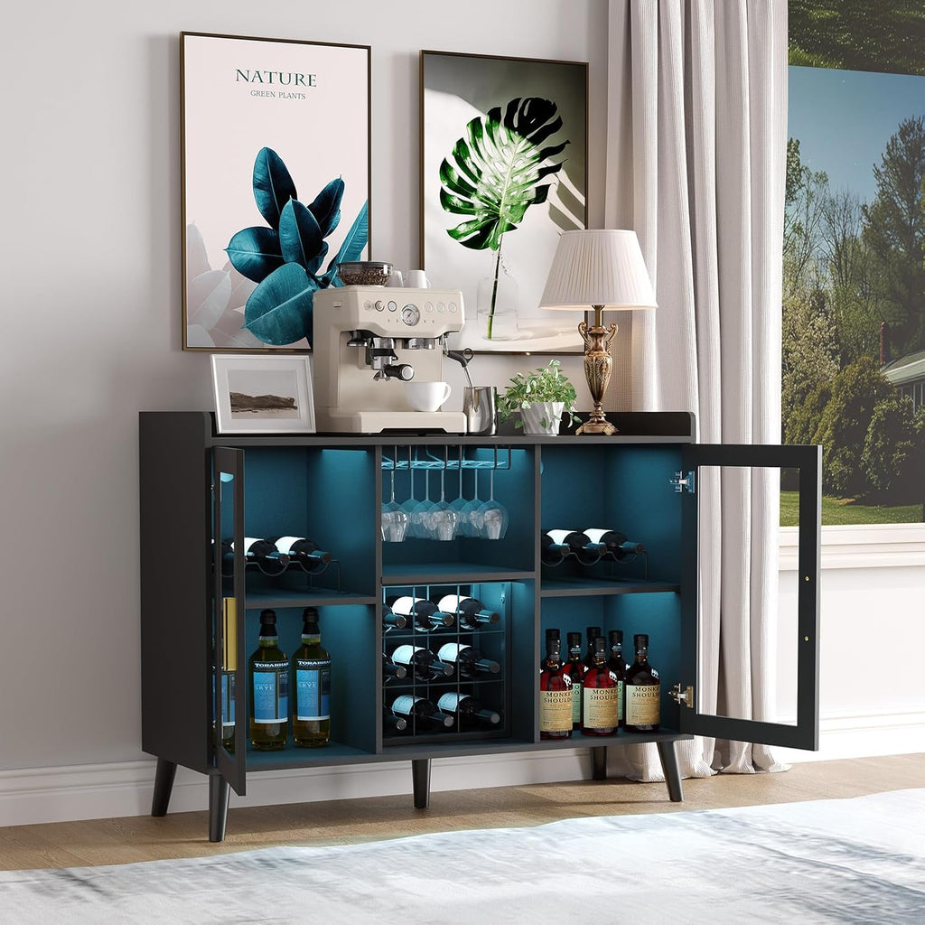 Freestanding Wine Bar Cabinet with Wine Rack and LED Light, Kitchen Sideboard and Buffet Cabinet Coffee Bar with
