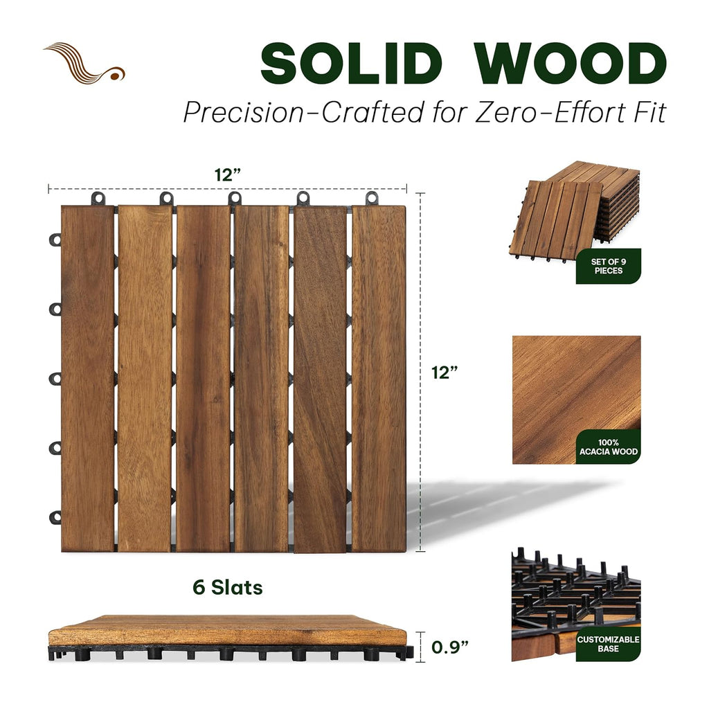 Natural Acacia 12x12 Interlocking Wood Deck Tiles for Balcony, Garden, Patio, Poolside Decor - Waterproof Indoor & Outdoor Flooring - 6 Slats, Round Joints, Pack of 9, Natural Color