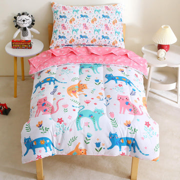 Toddler Bedding Sets for Girls,4 Pieces Floral Cat Printed