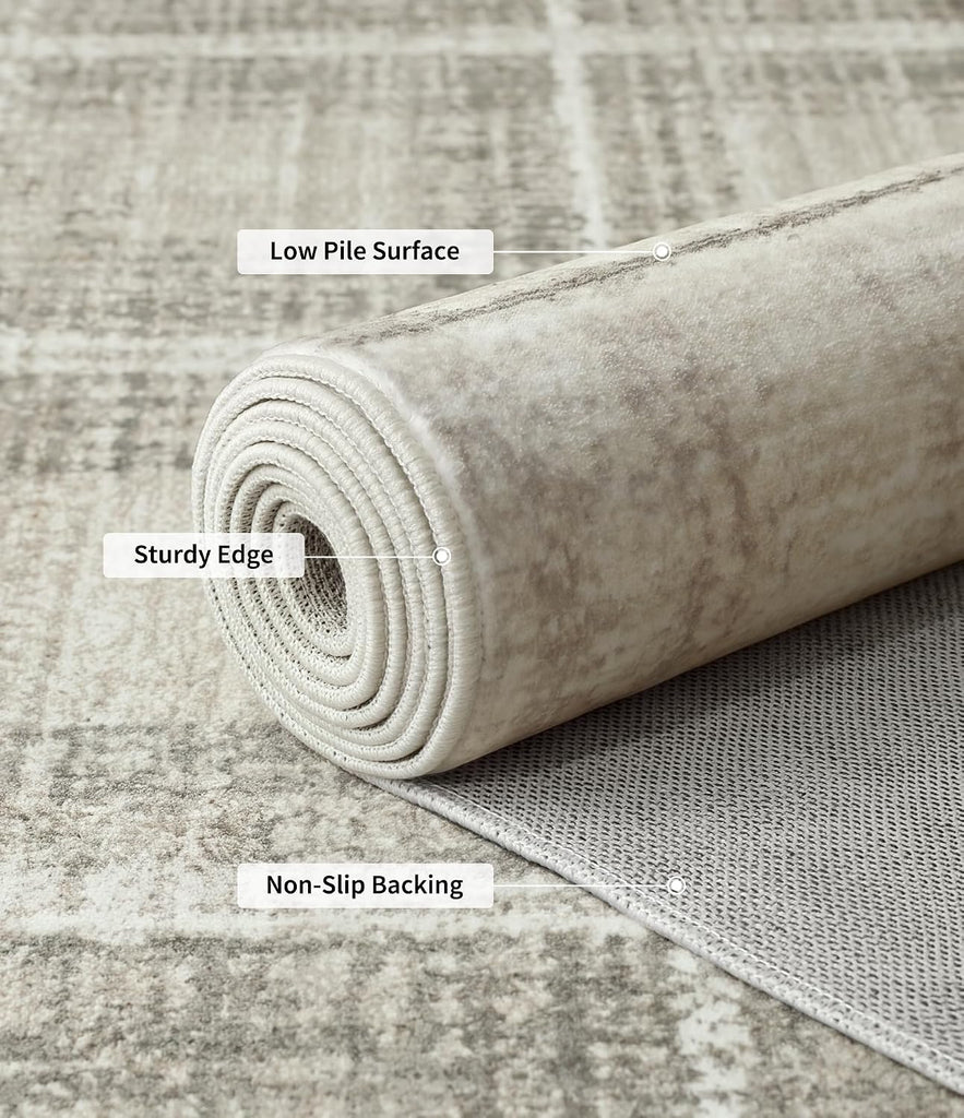 Beige Grey Distressed Plaid Area Rug