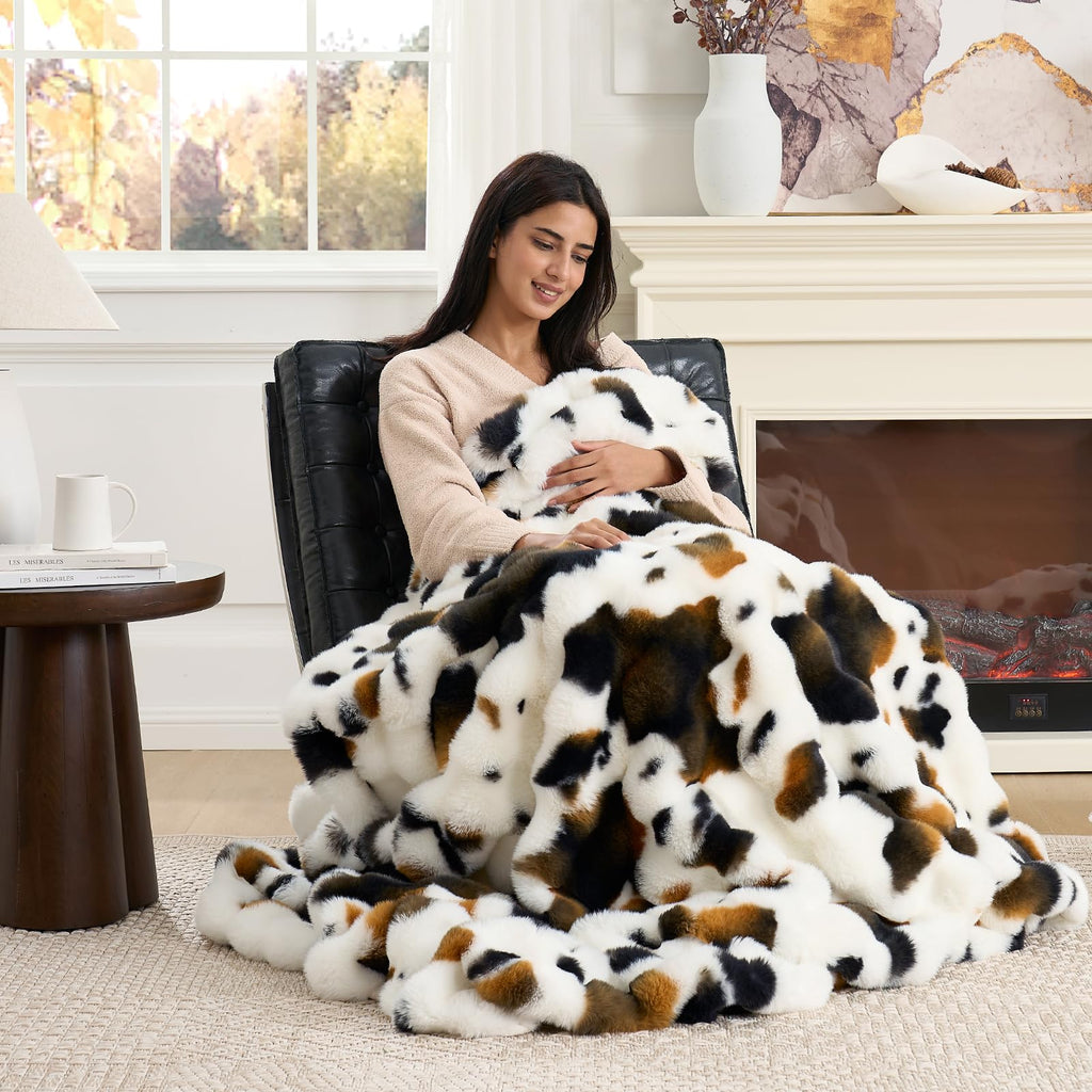 Bliss Bubble Faux Fur Throw Blanket for Couch, Cow Print, 50"x60"