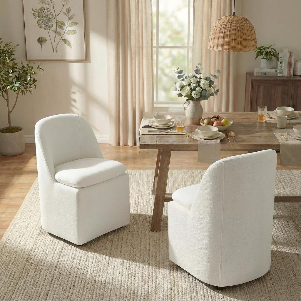 Upholstered Dining Chairs with Casters, Washable Cover Modern Dining Room Chairs with Thick Cushion & Sturdy Metal