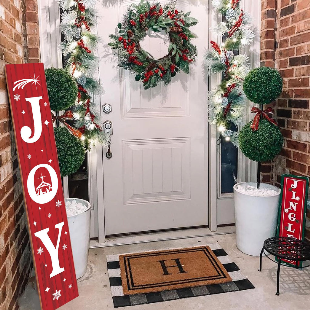 47 Inch Christmas Porch Sign, Large Vertical JOY Wooden Welcome Sign with Snowflakes, 3-Panel Farmhouse Front Door