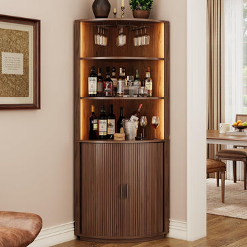 72" Tall Corner Bar Cabinet with LED Light, Liquor Cabinets, Walnut