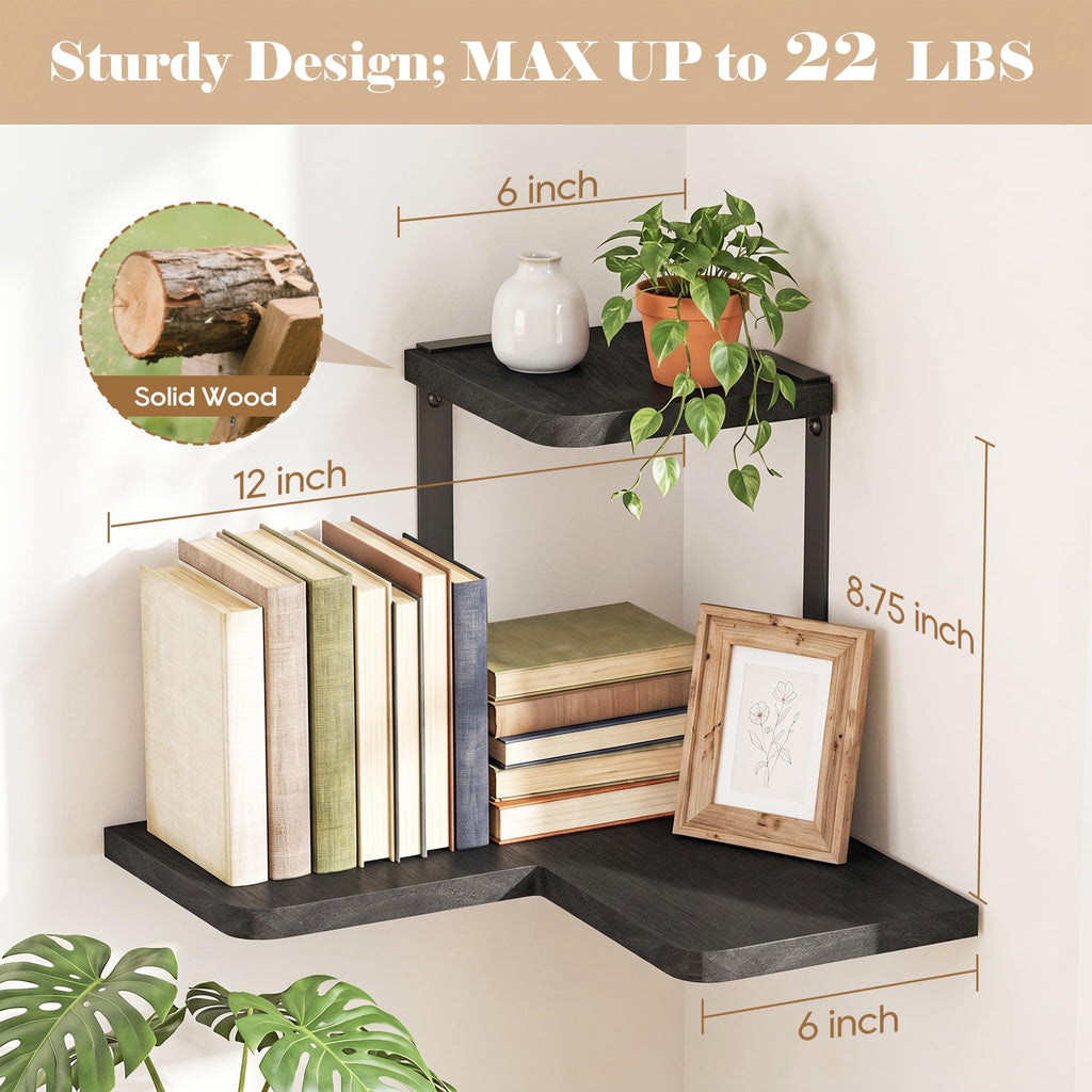 2-Tier Corner Wall Shelf, Rustic Wood Storage Display Shelf Black