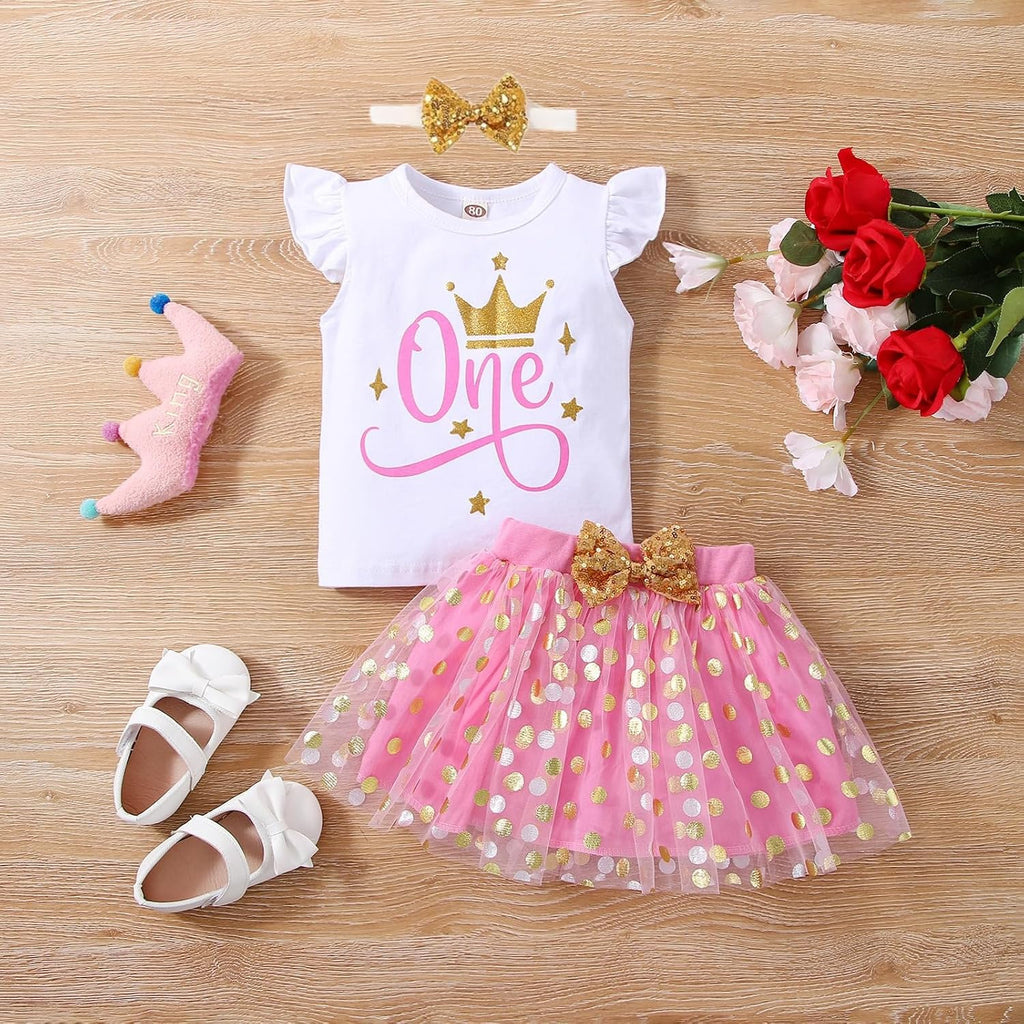 Baby Girl Birthday Outfit Romper My 1st Cake Smash Skirt Set Tutu Dress with Sequins Bowknot Headband 3Pcs
