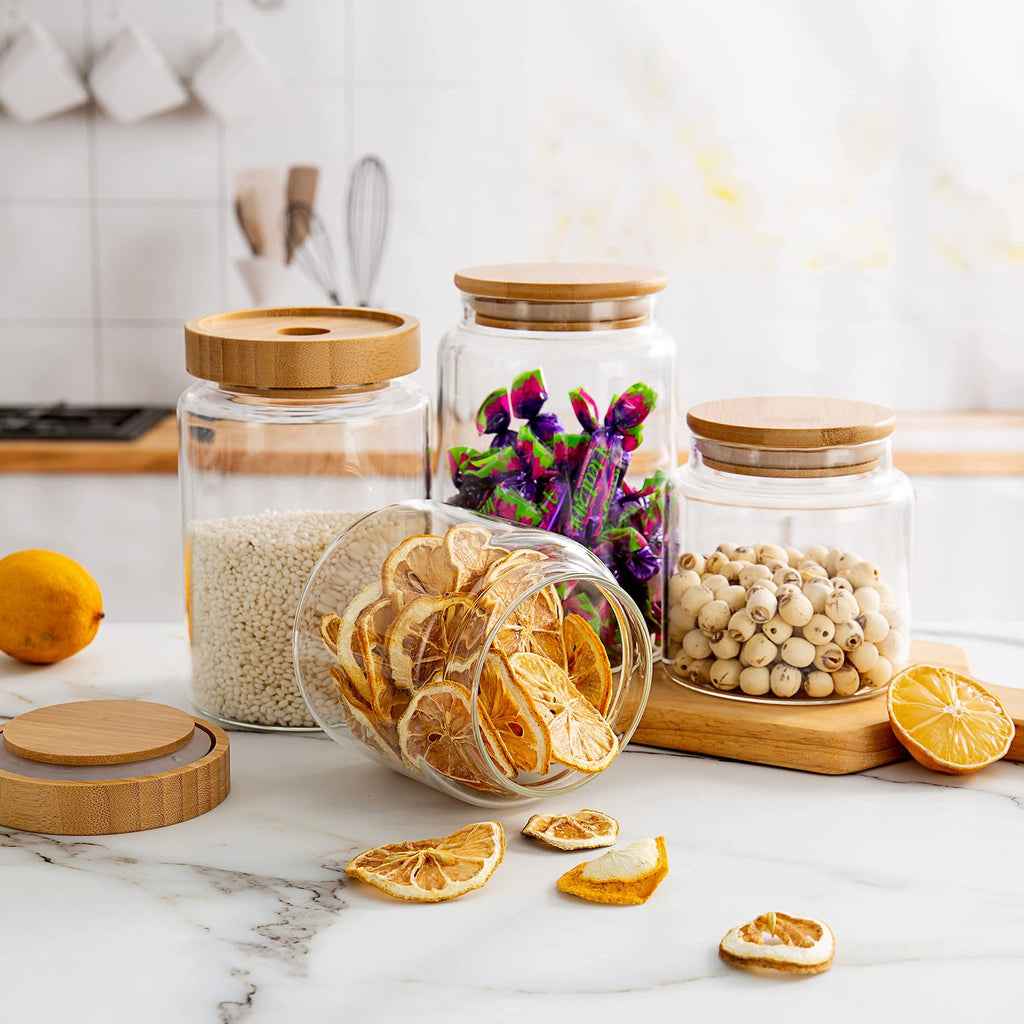 30Oz Clear Cute Glass Storage Canister Holder with Airtight Bamboo Lid, Modern Decorative Medium Container Jar