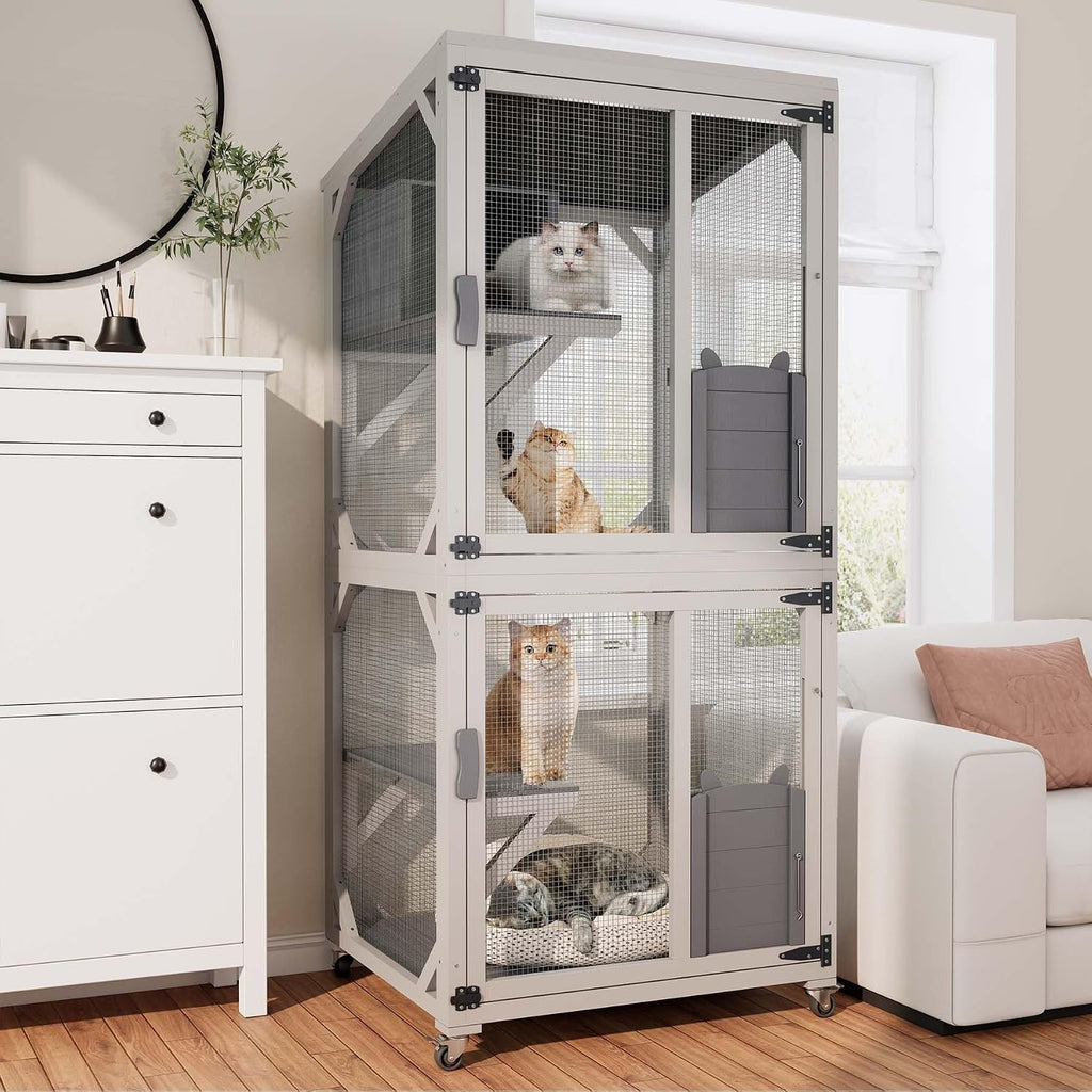74 Inch Catio Outdoor Cat Enclosure, Tall Indoor Catio with Wheels & Platforms for Cats, Wooden Cat Cage Outdoor &