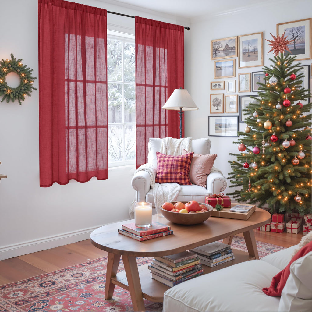 Burgundy Linen Curtains 45 Inch Length for Short Kitchen Window, Rod Pocket Semi Sheer Drapes Cafe Bathroom Decor