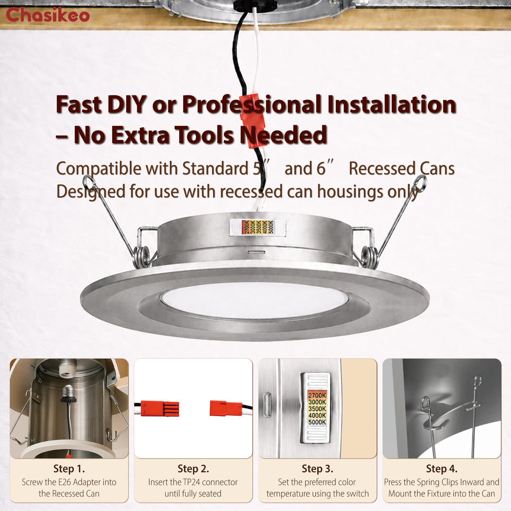 4 Pack 6 Inch Metal LED Recessed Lighting, Brushed Nickel LED Can Lights