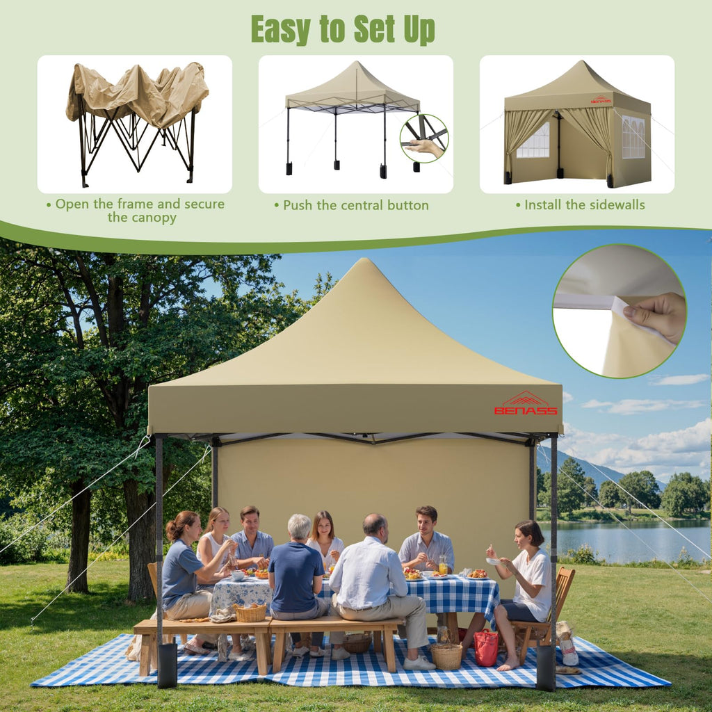10x10 Heavy Duty Commercial Pop Up Canopy with Sidewalls, Khaki