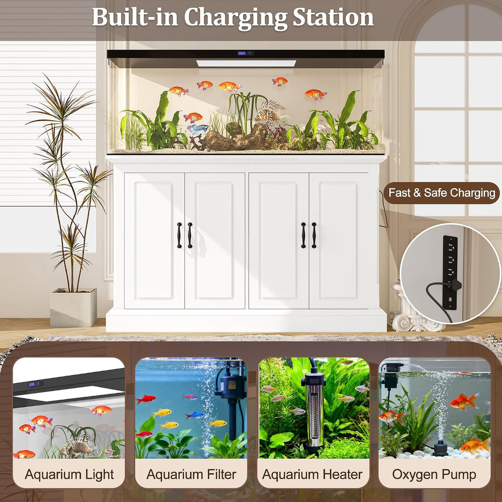 55-75 Gal Fish Tank Stand with Power Outlet and Storage Cabinets, White