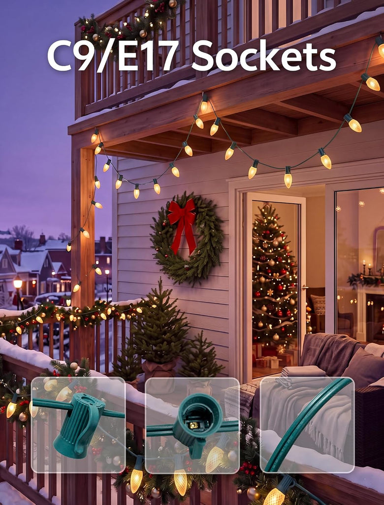 100FT C9 Light String Christmas Stringer, Green Wire with E17 Light Sockets