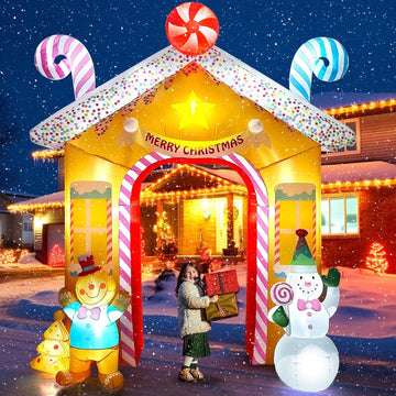 10FT Christmas Inflatables Arch for Outdoor Decoration, Xmas Gingerbread Man Snowman Blow Up Yard Decorations with