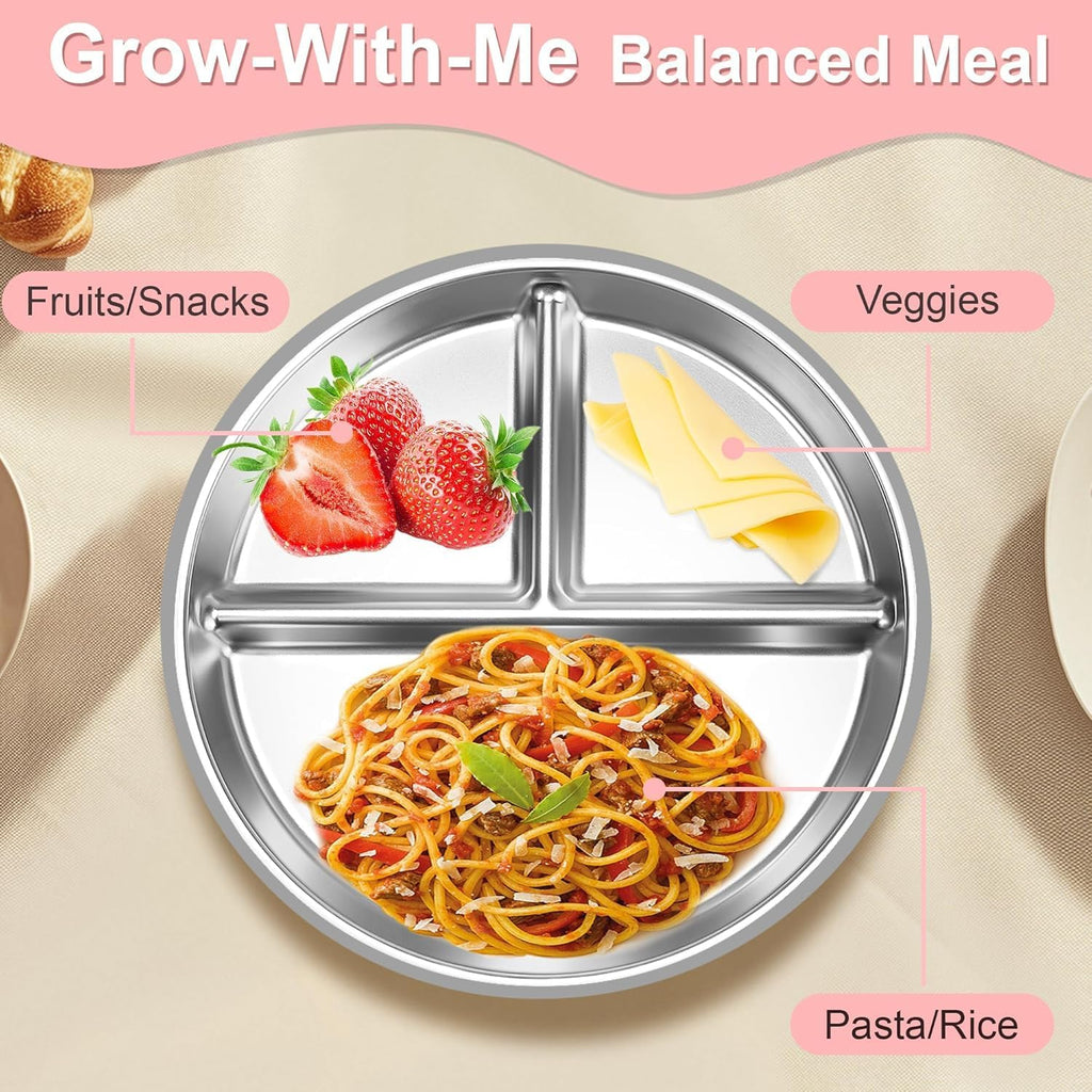 Feeding Set, 2 Pack Stainless Steel Divided Plate with Silicone Suction, 2 Set Spoons and Forks, BPA Free, Dishwasher