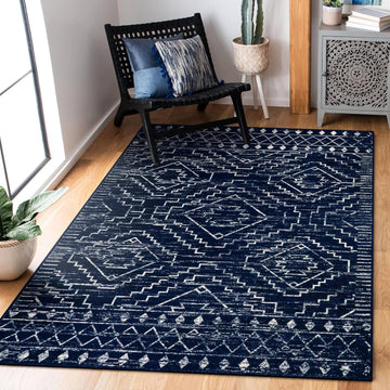 Moroccan Washable Rug 3x5, Blue Non-Slip Entryway Area Rug, Soft Farmhouse Bedroom Throw Mat, Geometric Low Pile