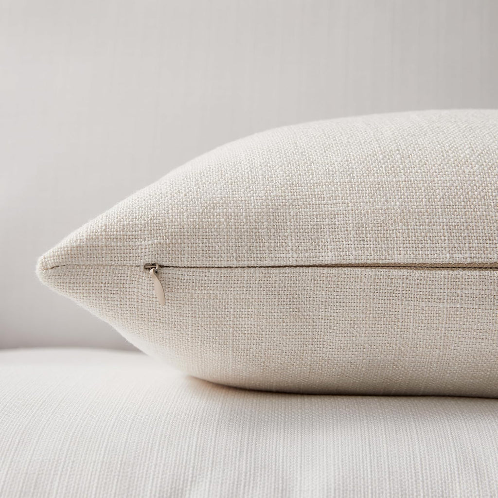 Set of 2 Ivory Throw Pillow Covers 20x20, Modern Farmhouse Linen Blend Decorative Pillow Covers, Neutral Home Decor