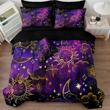 8 Pieces Universe Bed in a Bag Sun and Moon Comforter Set Queen Size Galaxy Bedding Purple Gold Moon Star Pattern