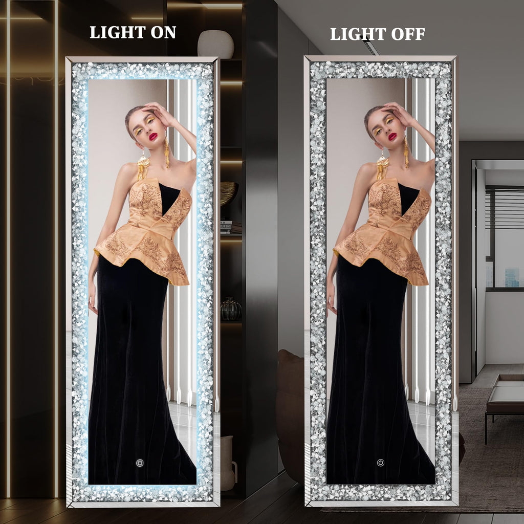 69"×26" Full-Length Mirror with Lights - Crystal Crush Diamond Wall Mounted Hanging Diamond Mirror Leaning Bedroom