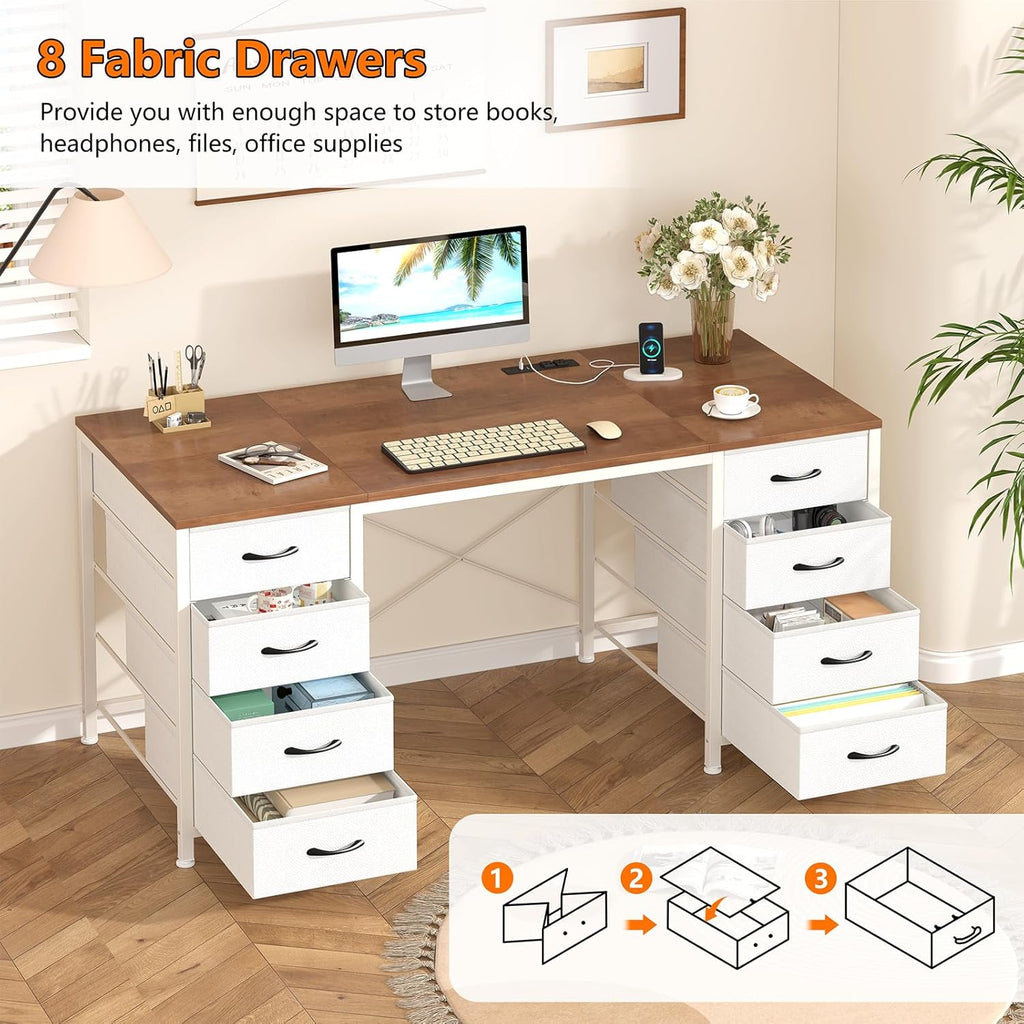50 Inch Computer Desk with 8 Drawers, Home Office Desk with Power Outlets