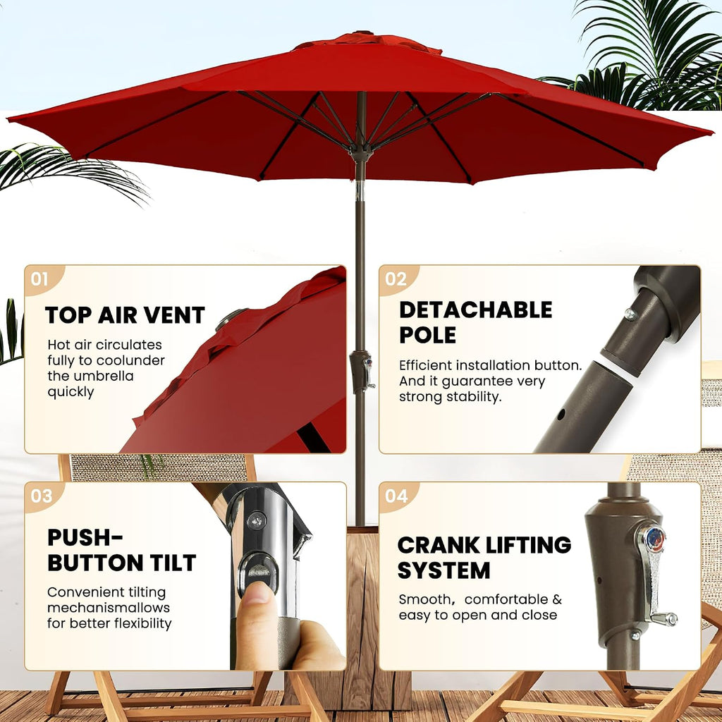 9FT Large Outdoor Patio Umbrella Market Table Umbrella-UV Resistant, Easy Push Button Tilt and Crank - Red