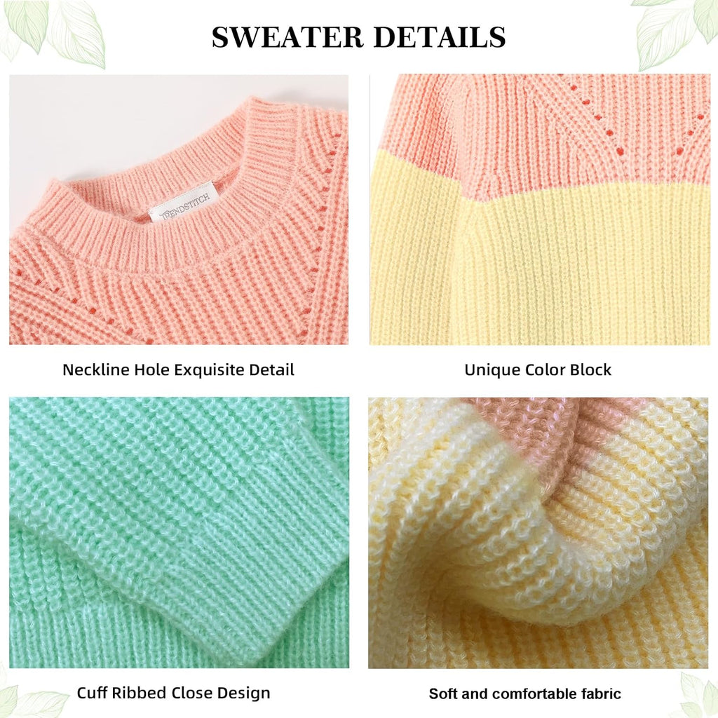 Girls' Sweaters Color Block Pullover Jumper Knit Long Sleeve Rainbow Sweaters Kids Crewneck Casual Jumper