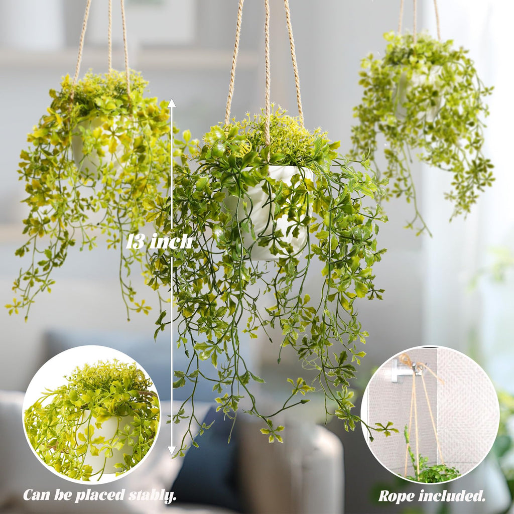 3 Packs 13" Fake Hanging Plants with White Pots for Wall Decor