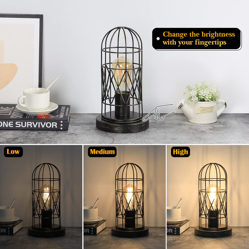 Industrial Table Lamp, 3-Way Dimmable Small Touch Lamp with Rustic Cage