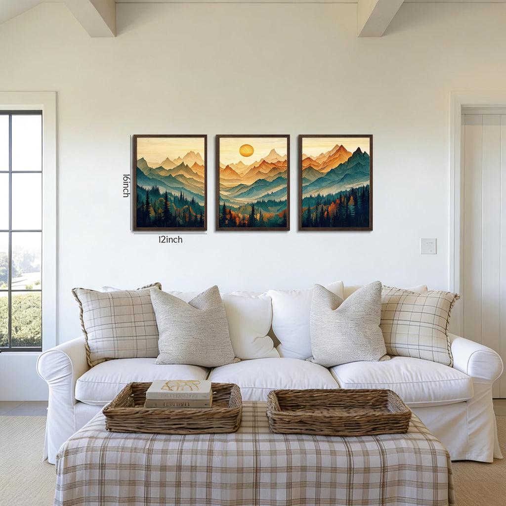 Mountain Wall Art Set of 3, Landscape Wall Decor, Teal Orange Forest Canvas Prints, Wood Framed Sunlit Peaks Picture
