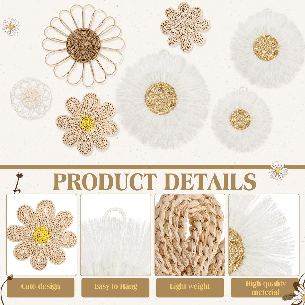 7 Pcs Boho Wall Basket Decor Rattan Flower, Milky White