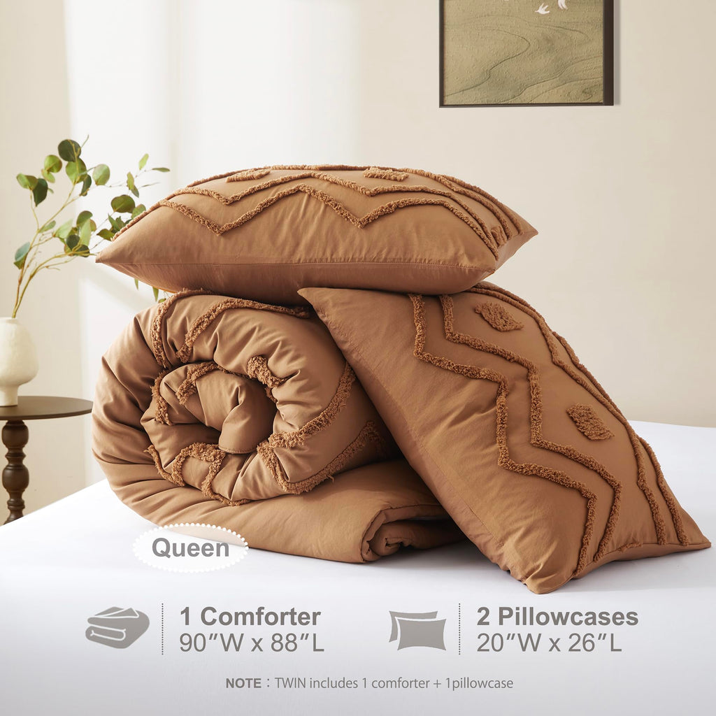 Tufted Boho Queen Comforter Set, Pumpkin, 3 Pieces