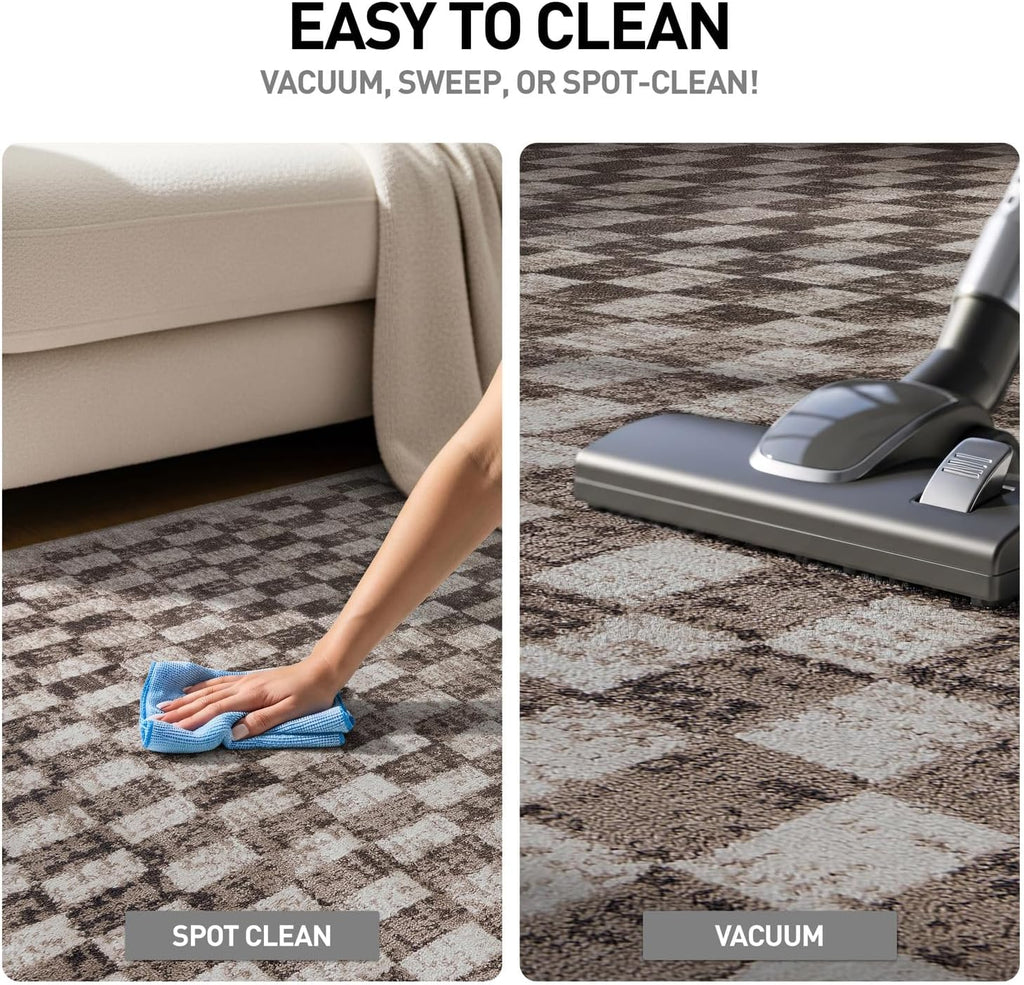 Contemporary Checkered Grid Textured Area Rug Beige