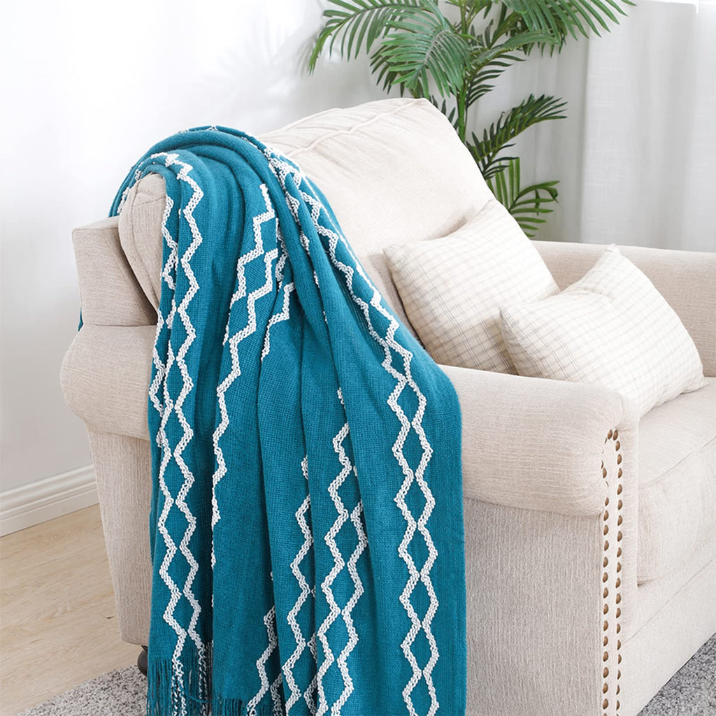 Knitted Throw Blanket Boho Chenille Outdoor Blanket, Teal 60x80Inch