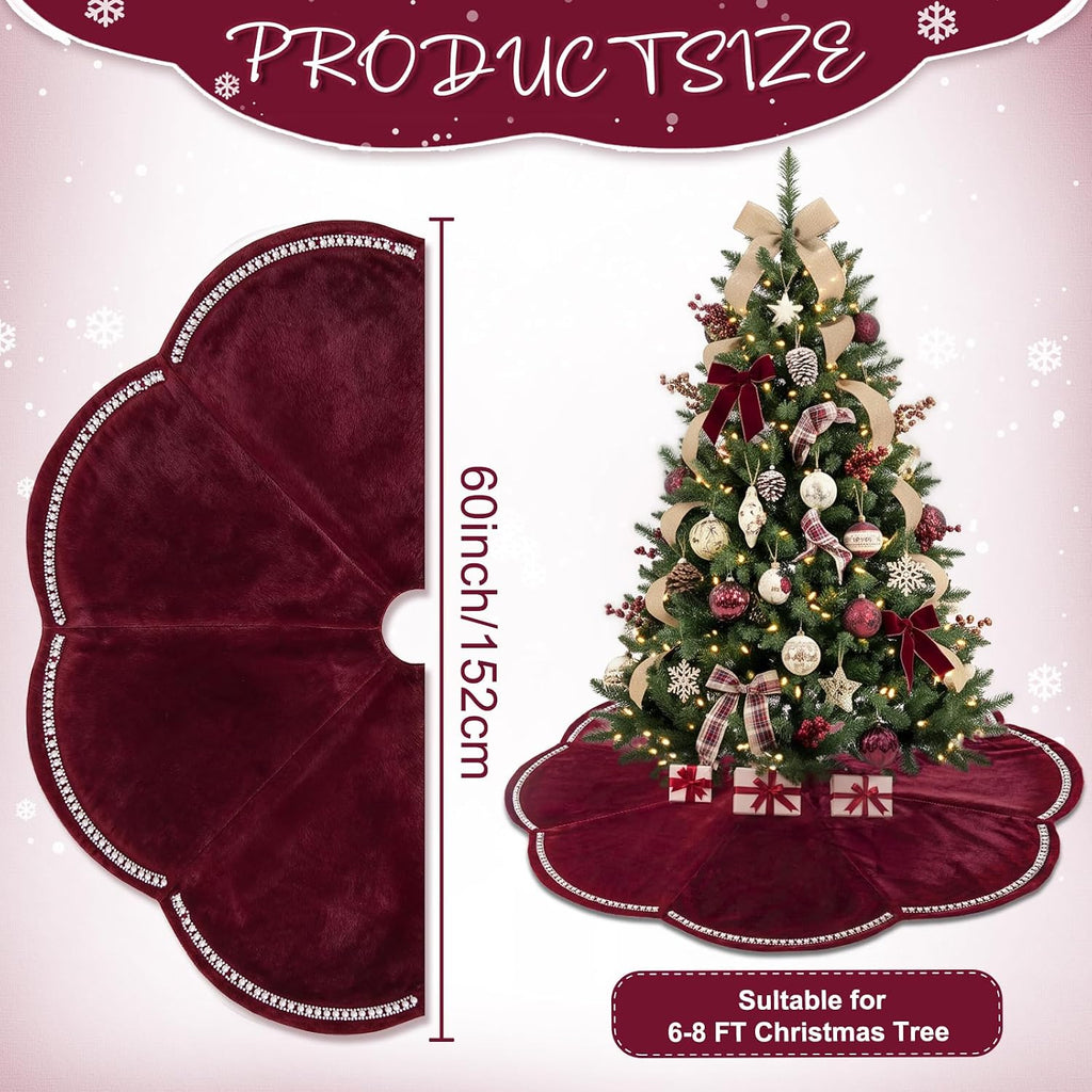 60 Inch Red Velvet Christmas Tree Skirt with Scalloped Edge & Pearl Trim