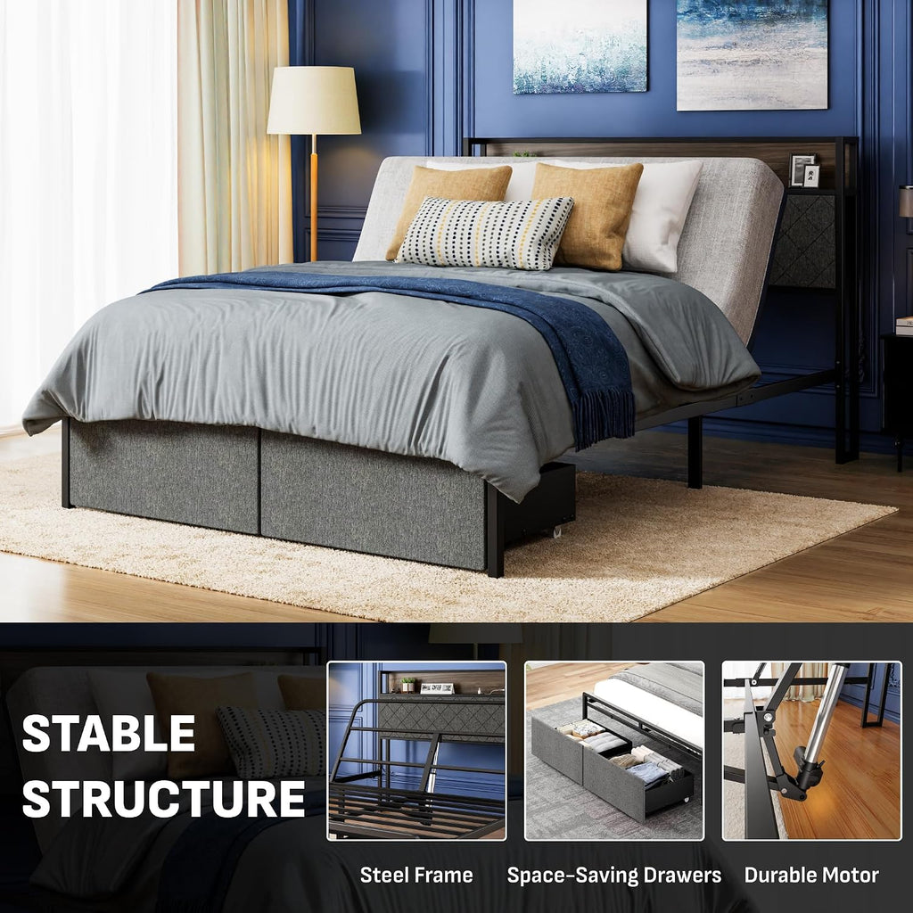 Queen Adjustable Bed Frame with Storage Headboard and Charging Station, Power Head Lift with 2 Footboard Drawers
