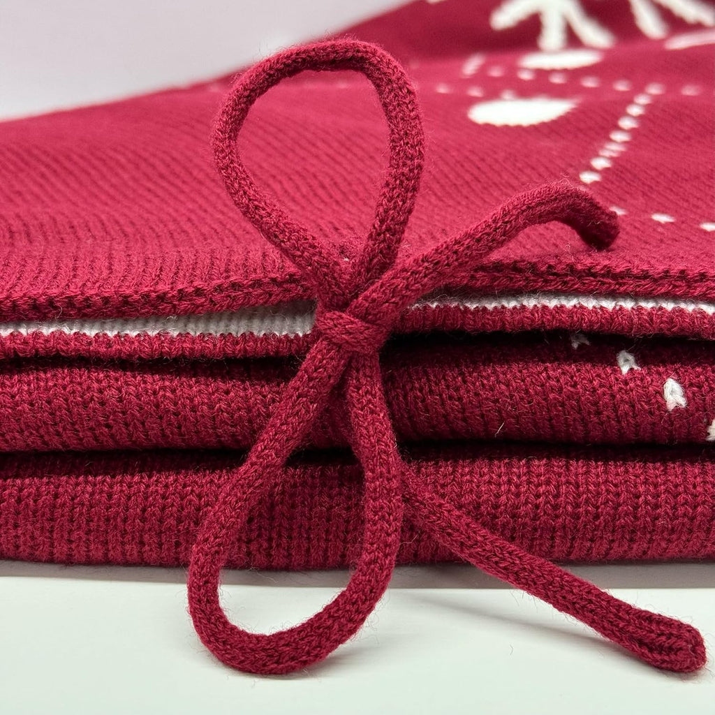 72-Inch Reversible Knit Tree Skirt with Christmas Star-Inspired Pointed Edge Border and Lace-Up Closures, Machine
