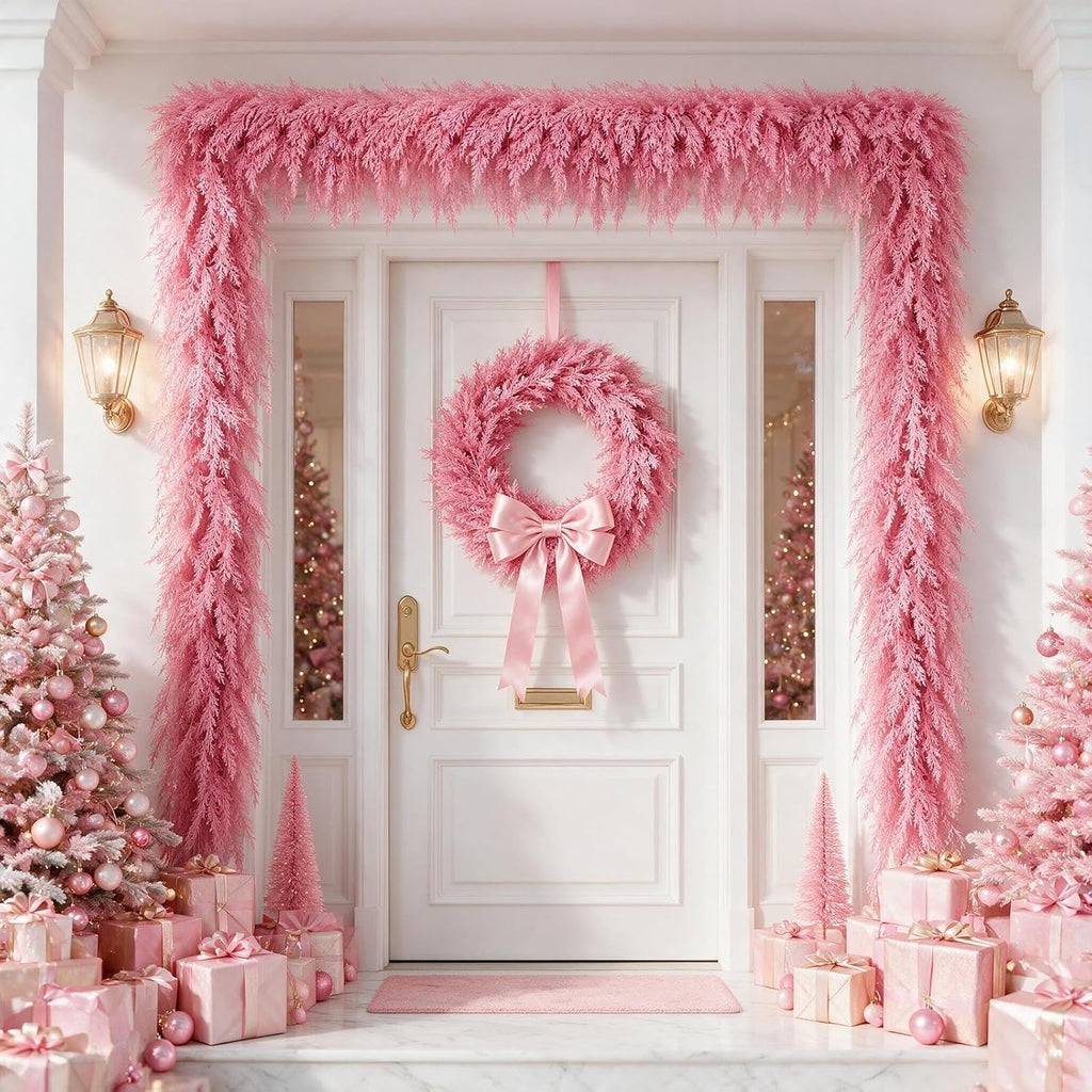 12FT Pink Christmas Cedar Garland, Realistic Artificial Garland, Soft Pastel Xmas Decorations Indoor Outdoor, Faux