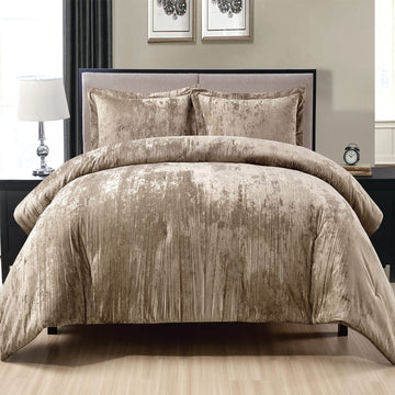 Crinkle Velvet Comforter Set, 3 Pieces Khaki Queen, Crinkle Velvet Face and Brushed Microfiber Reverse, with Light
