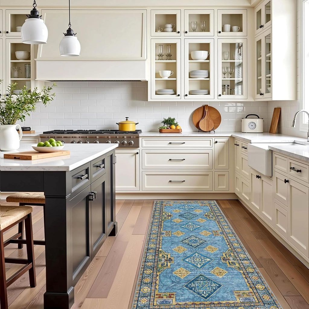 Kitchen Rugs Sets of 3 Non Slip Washable Kitchen Mats for Floor, Light Blue