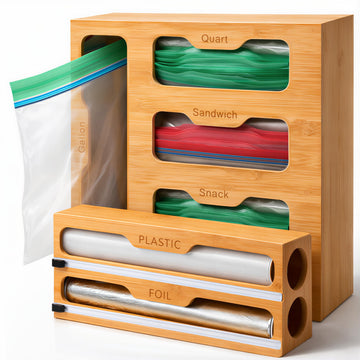 Bamboo Food Storage Bag Organizer for Drawer with Foil & Plastic Wrap Dispenser - Premium Detachable Kitchen