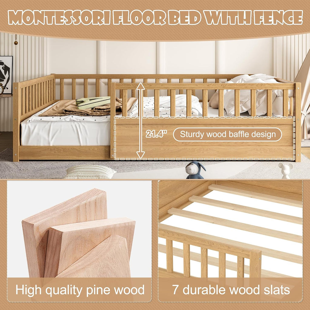 Full Size Montessori Floor Bed with High Rails, High Rails Floor Bed with Slats and Fence, Easy Assemble Montessori